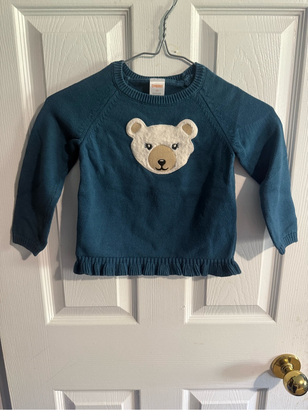 Gymboree Teal Bear Applique Ruffle Hem Sweater